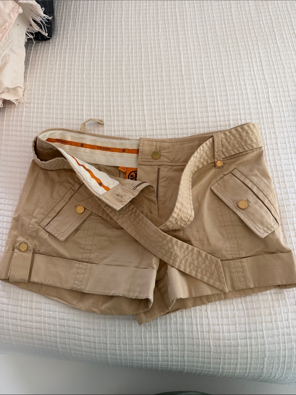 Tory Burch Tan Khaki Cargo Shorts with Belt Detail